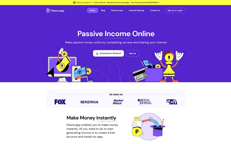 Pawns.app - Zarabiaj pieniądze online, wypełniając ankiety i udostępniając swój internet