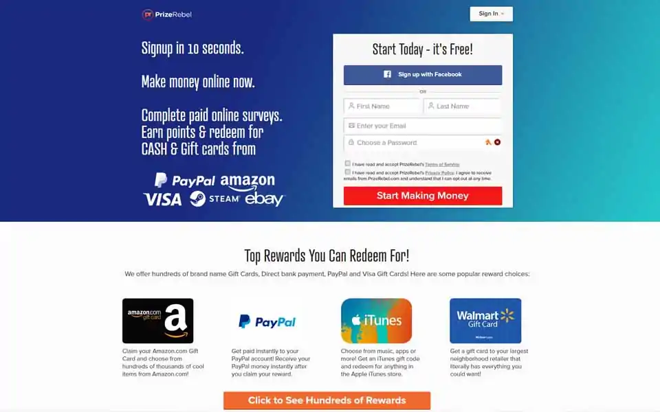 PrizeRebel - Complete paid surveys and redeem for CASH & FREE gift cards from: PayPal, eBay, Amazon