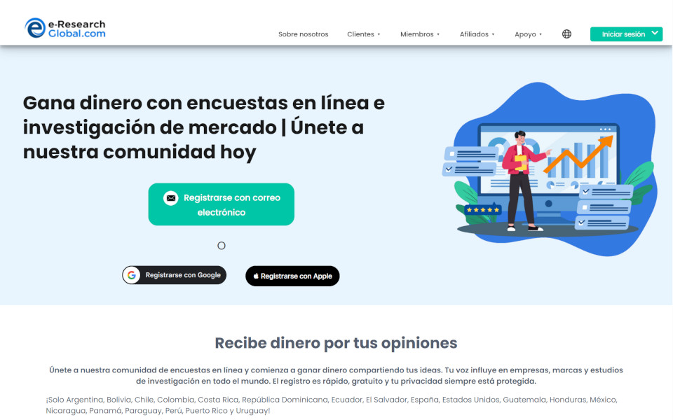 Únase al Panel de encuestas pagadas por los consumidores de e-Research-Global.com y gane dinero. Los miembros podrán participar en encuestas pagadas en línea (cuestionarios en línea), grupos de enfoque en línea y pruebas de nuevos productos por dinero. Por una encuesta completa, se les pagará con dinero como recompensa.