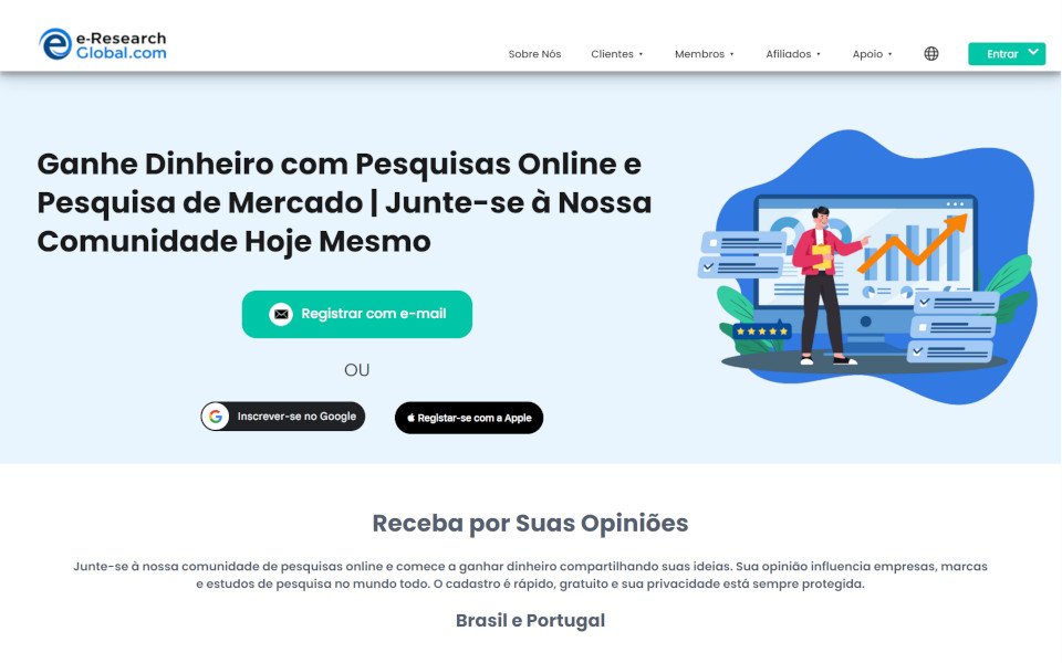 Adira ao Painel de Inquéritos ao Consumidor Pagos do e-Research-Global.com e ganhe dinheiro. Os membros podem ganhar dinheiro participando nos inquéritos on-line pagos (questionários on-line), em grupos de discussão, e na avaliação de novos produtos. Receberá dinheiro por cada inquérito concluído.