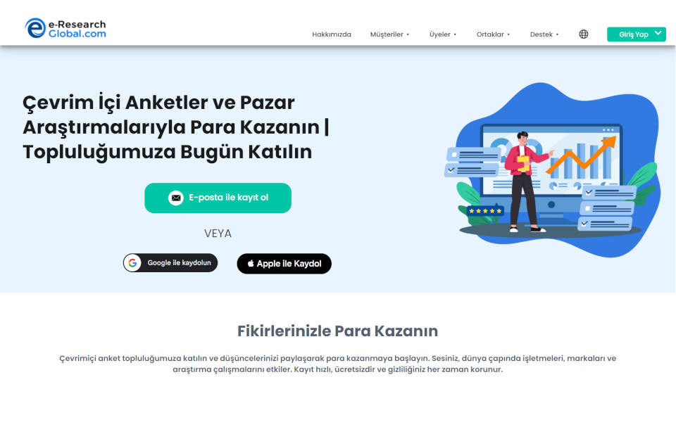 E-Research-Global.com' un Tüketici Ücretli Anket Paneline katılın ve para kazanın. Üyeler internet üzerinden ücretli anketlere, odak qruplarına ve para için yeni ürün testine ödeme yapa bilirler. Tamamlanmış anket için size ödül olarak para ödenilecekdir.