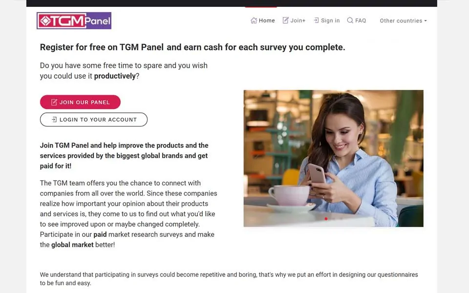 TGM প্যানেলে বিনামূল্যে নিবন্ধন করুন এবং আপনার দ্বারা সমাপ্ত প্রতিটি সমীক্ষার জন্য নগদ টাকা উপার্জন করুন।