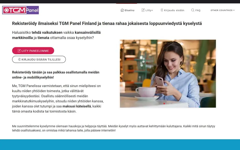 Rekisteröidy ilmaiseksi TGM Panel Finland ja tienaa rahaa jokaisesta loppuunviedystä kyselystä