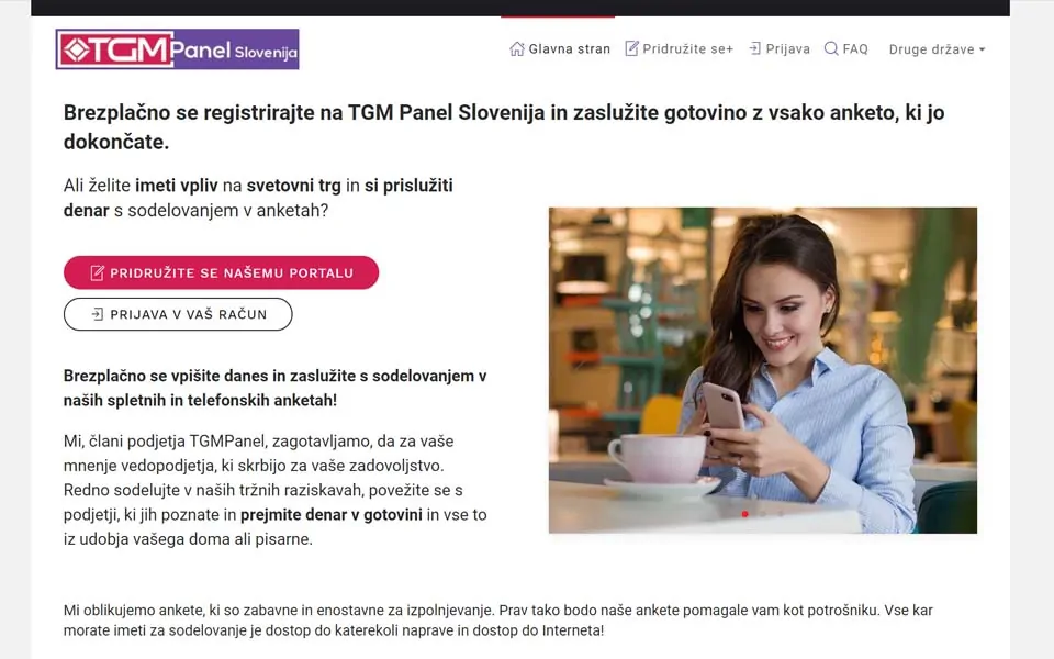 Brezplačno se registrirajte na TGM Panel Slovenija in zaslužite gotovino z vsako anketo, ki jo dokončate.